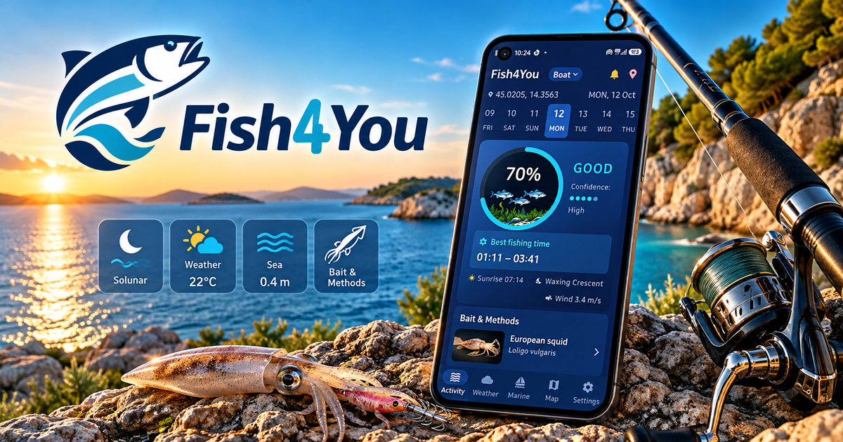 Aplikacija Fish4You na telefonu z oceno ribolovne aktivnosti Dobro 70 % in najboljšim časom za ribolov, z ikonami Solunar, Weather, Sea in Bait & Methods (v angleščini), pred jadransko obalo ob sončnem zahodu z ribiško palico, kolutom in vabo za lignje.
