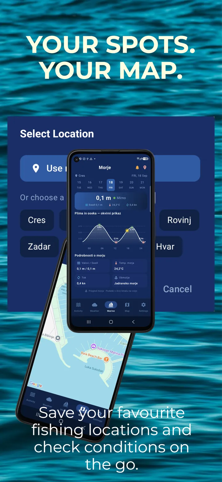 Izbira lokacije v aplikaciji Fish4You z jadranskimi lokacijami Cres, Zadar, Rovinj in Hvar ter zemljevid. Naslov (v angleščini): Your spots. Your map.